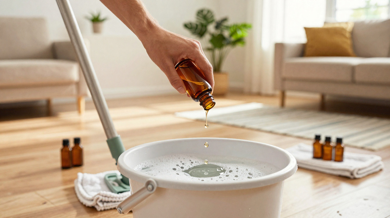 Mão a colocar gotas de óleo essencial num balde com água e sabão para limpar o chão da sala.