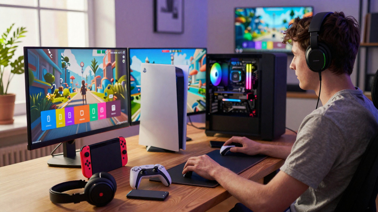 Jovem a jogar videojogos num setup com dois monitores, PC gaming, consola PlayStation 5 e acessórios.