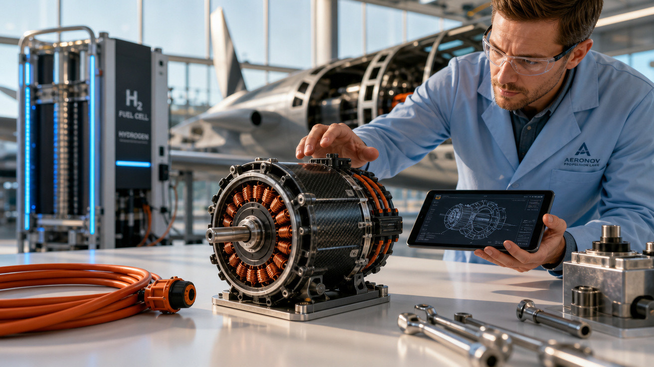 Engenheiro em laboratório de aeronáutica analisa motor elétrico com tablet ao lado de equipamentos e avião ao fundo.