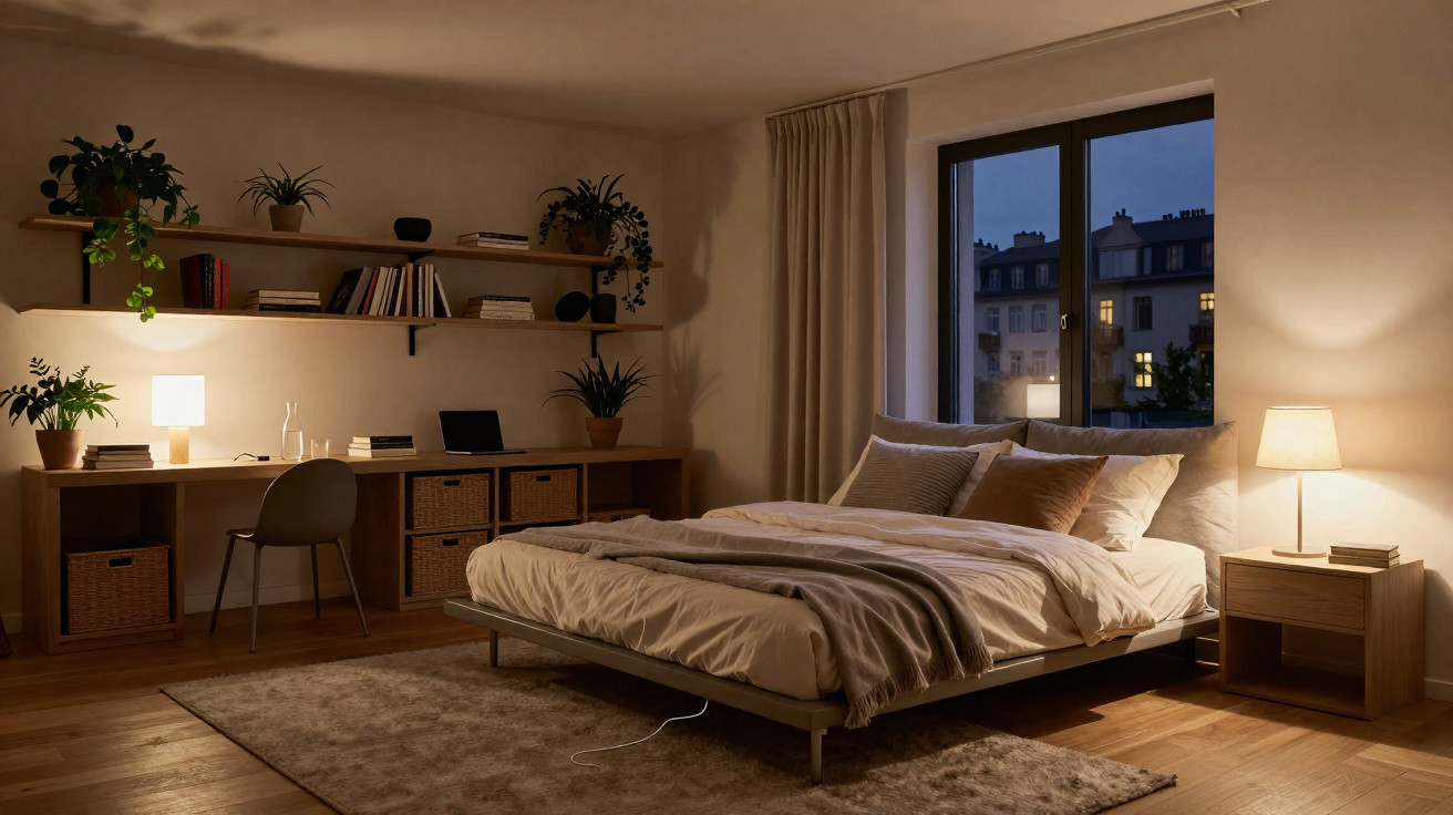 Quarto moderno com cama, secretária com candeeiro, prateleiras com plantas e janela ao anoitecer.
