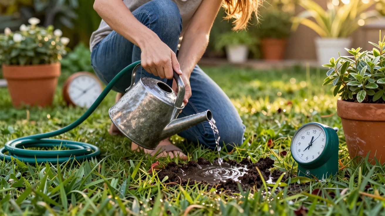 Pessoa a regar plantas num jardim com regador e relógio analógico verde ao lado.