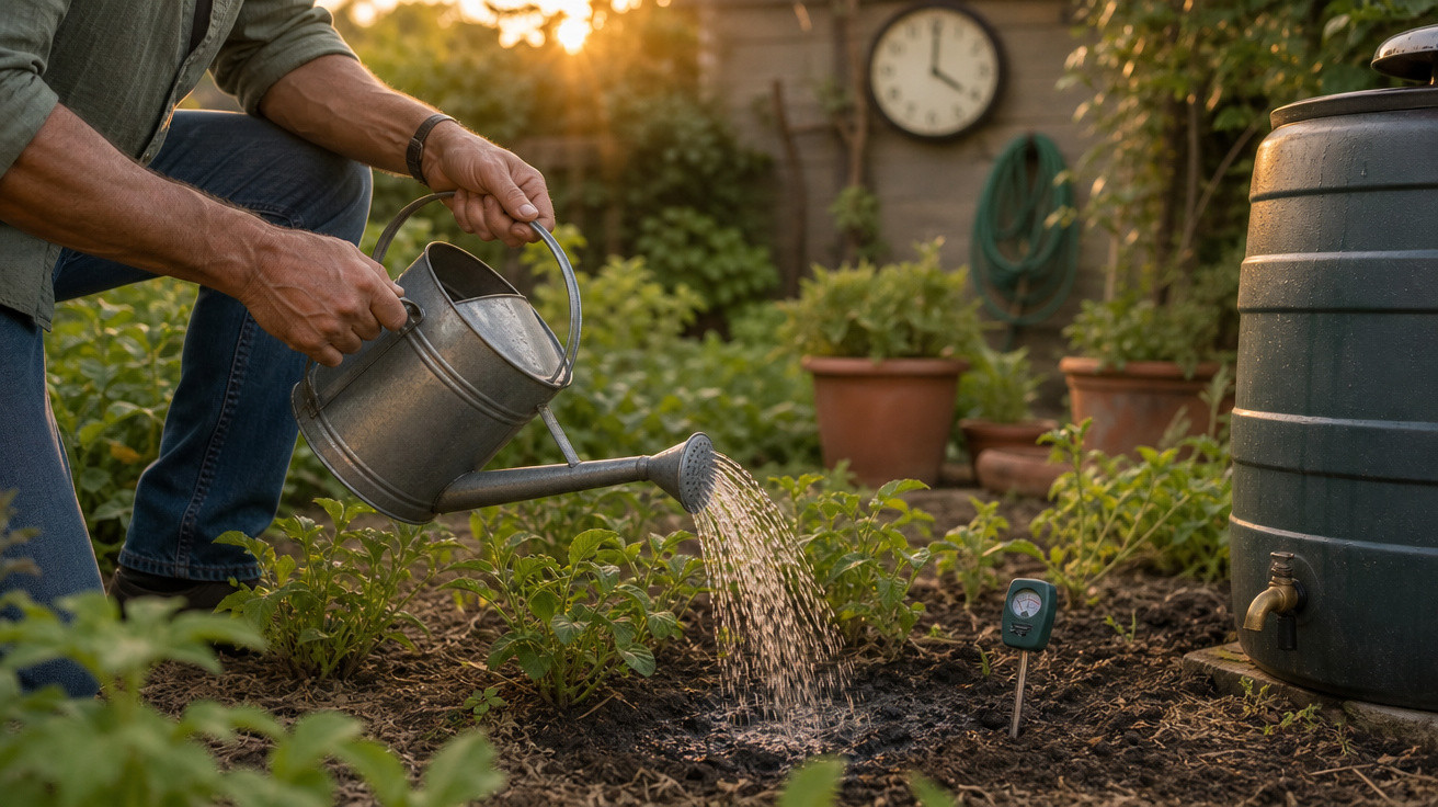 Pessoa a regar plantas numa horta caseira ao pôr do sol com regador metálico.