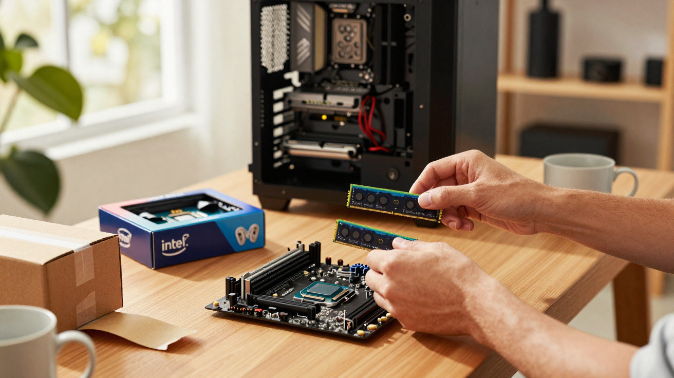 Pessoa a instalar memória RAM numa placa-mãe sobre uma mesa com componentes de computador.