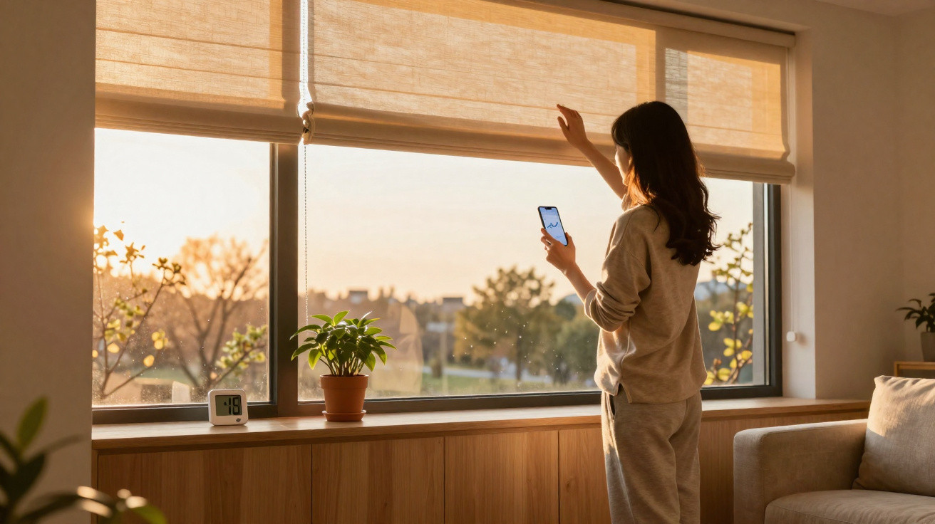 Mulher controla a persiana com smartphone numa sala iluminada pelo pôr do sol.