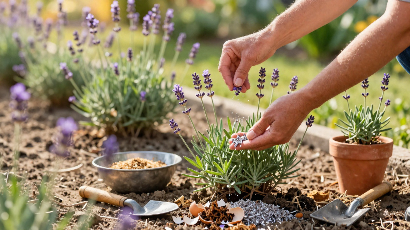 Mãos a plantar sementes de lavanda num jardim com ferramentas e vasos ao redor.