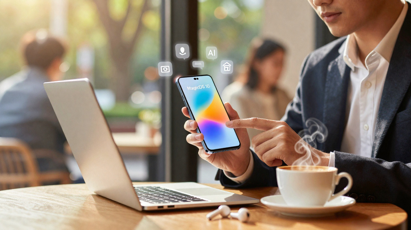 Pessoa a usar telemóvel com ícones digitais, laptop aberto e chá quente numa mesa num ambiente de café.