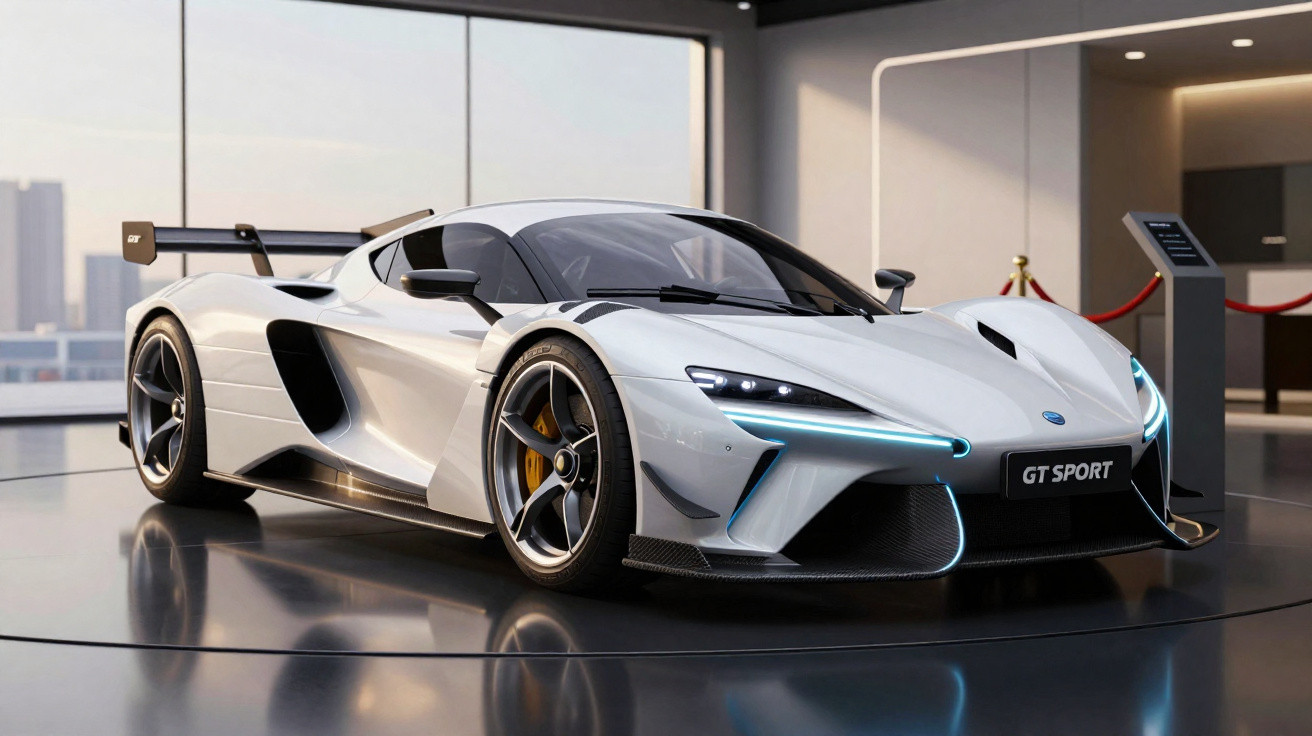Carro desportivo branco GT Sport com luzes LED azuis exposto em salão moderno com grandes janelas.