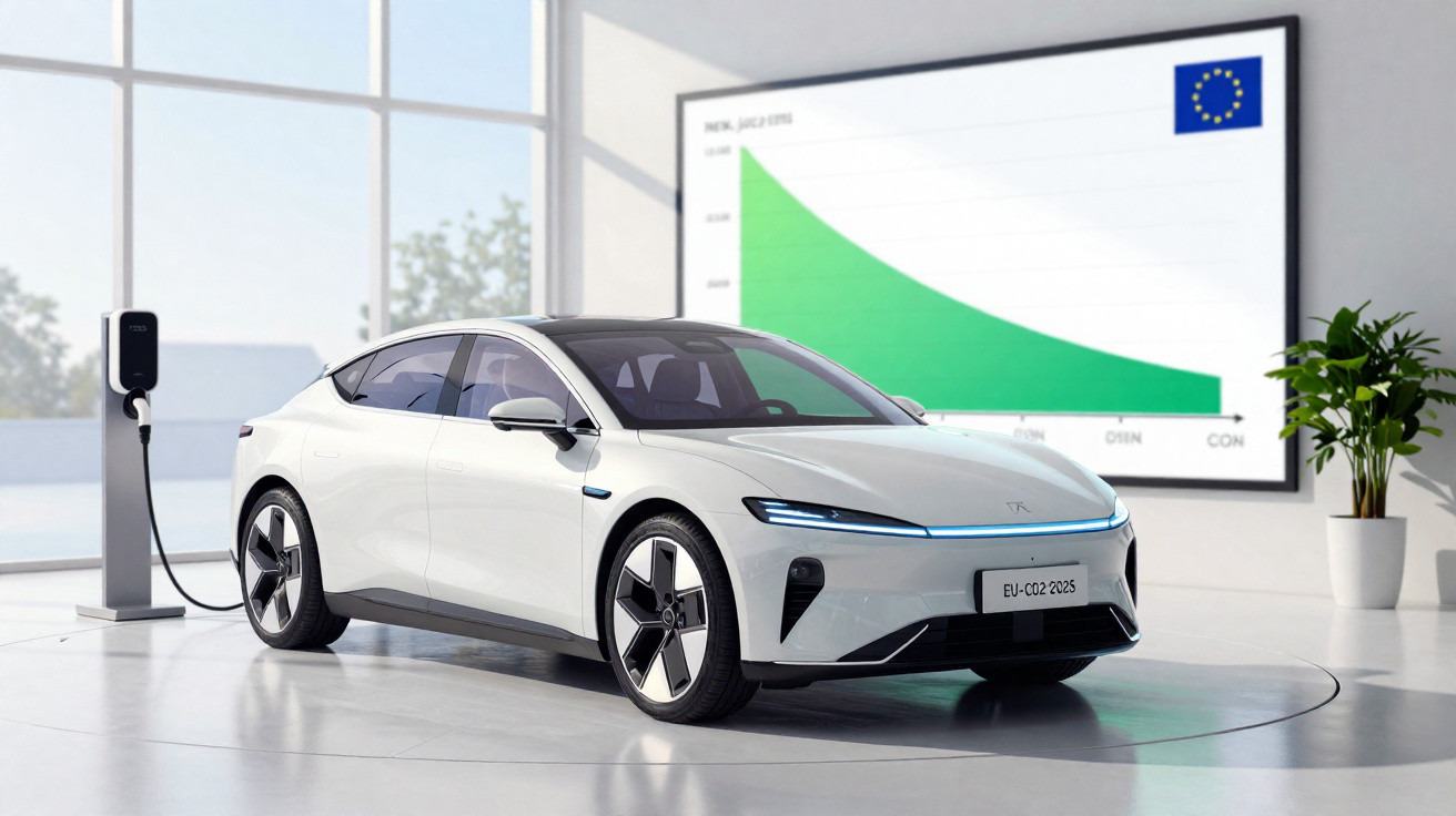 Carro elétrico branco a carregar numa estação, em sala moderna com gráfico de redução de emissões no ecrã.