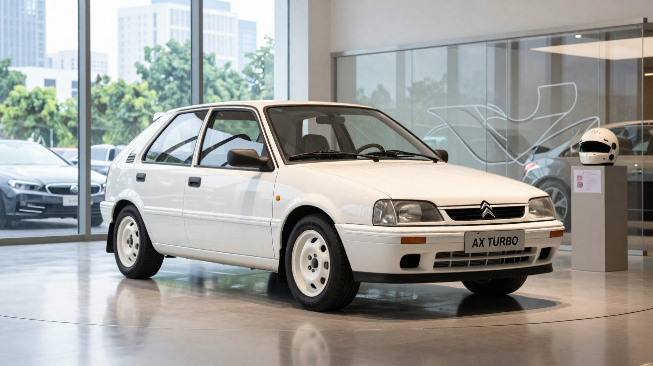 Citroën AX Turbo branco exibido num salão moderno com grandes janelas e capacete branco ao lado.