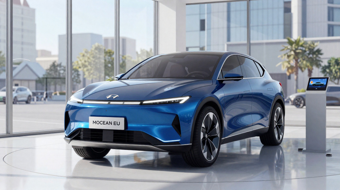 Carro elétrico azul Mocean EU exposto numa sala de mostra moderna com janelas grandes.