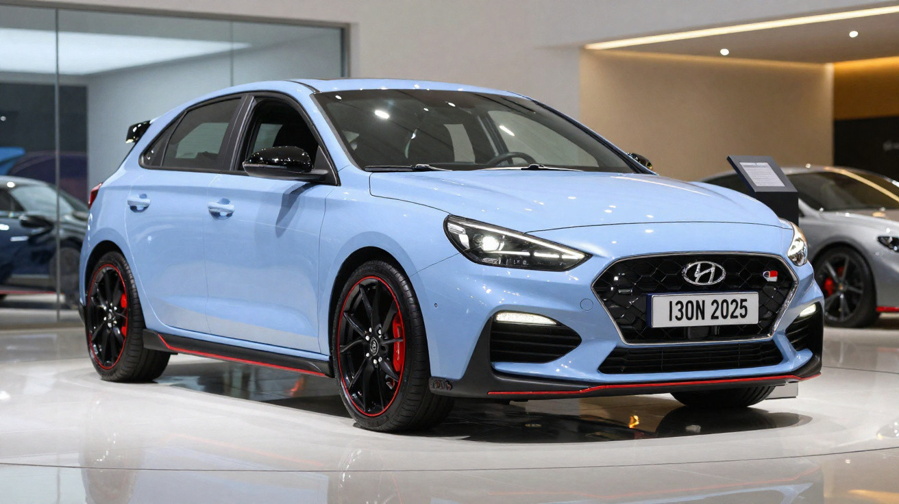 Carro Hyundai i30 N 2025 azul claro com rodas pretas e detalhes vermelhos em exposição interior.
