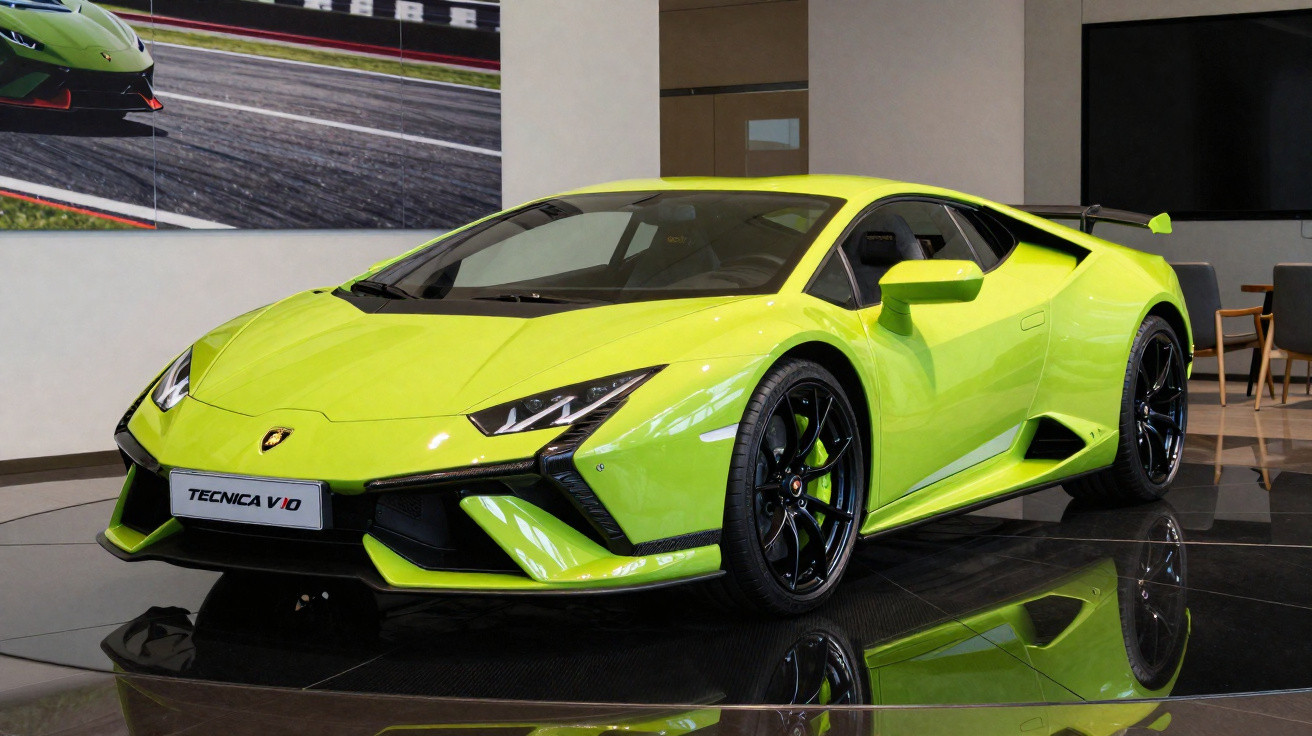 Carro desportivo Lamborghini Tecnica V10 verde fluorescente numa sala de exposição moderna.