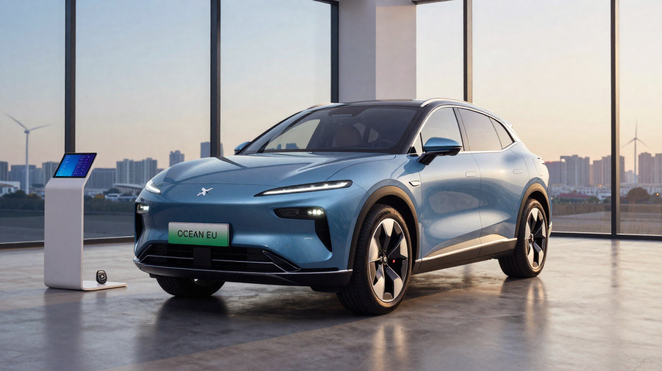 Carro elétrico azul estacionado em espaço interior moderno com janelas amplas e pôr do sol ao fundo.