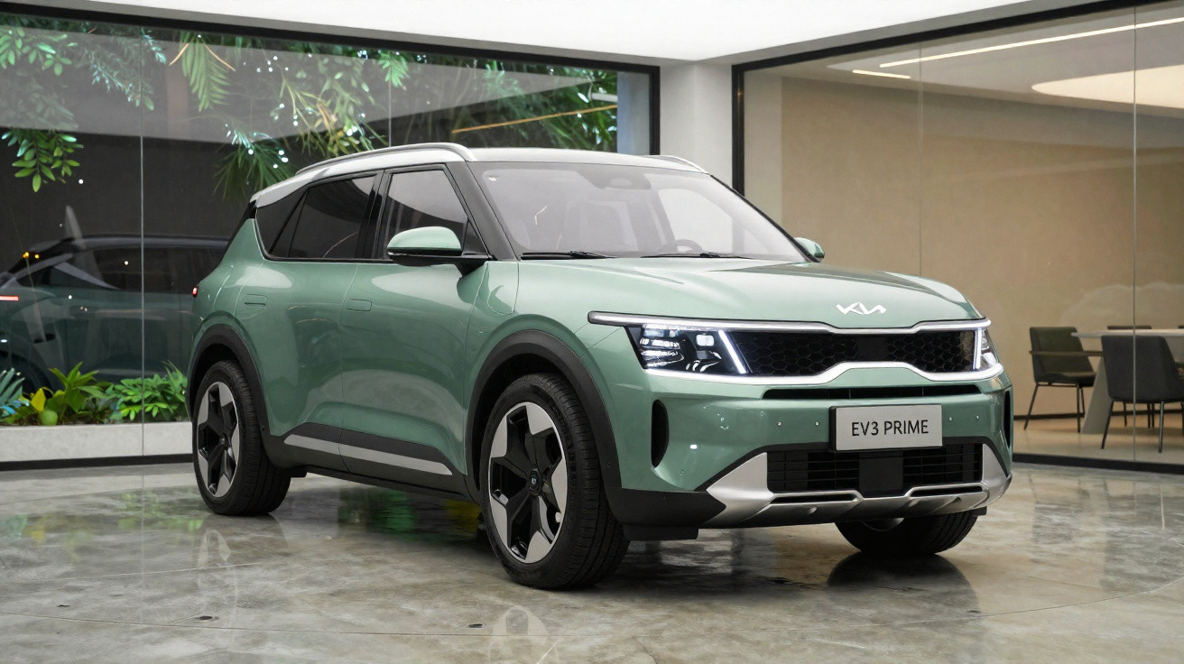 Carro elétrico Kia EV3 Prime verde exposto em showroom moderno com jantes aerodinâmicas e luzes LED.