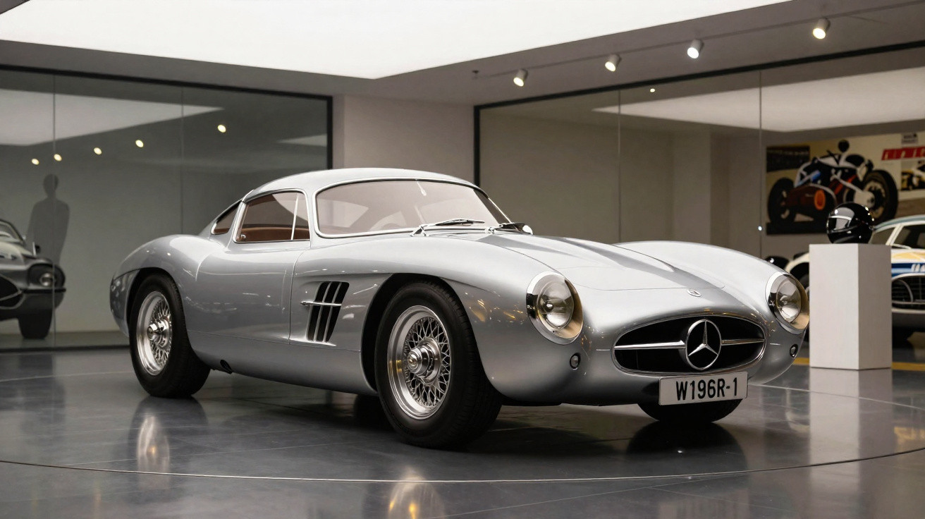 Carro desportivo clássico Mercedes-Benz prata exposto em museu com design aerodinâmico e elegante.