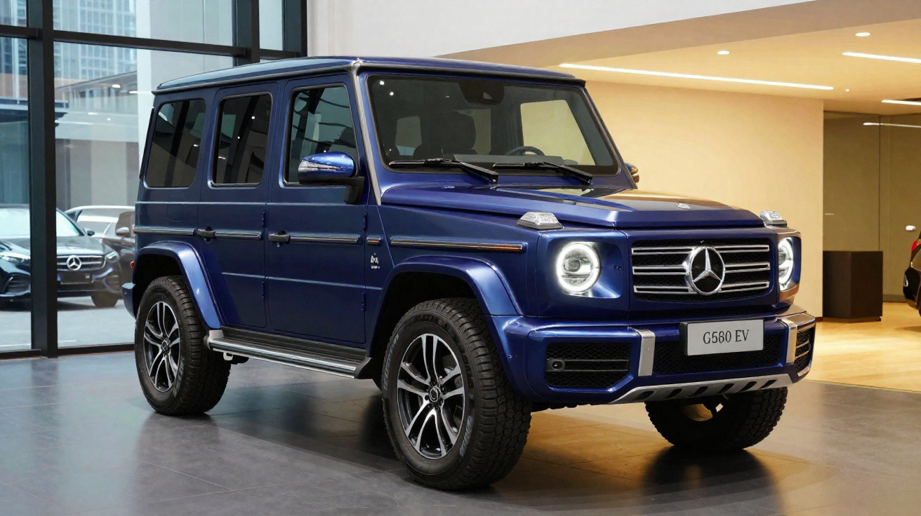 Carro Mercedes-Benz G580 EV azul, estacionado em showroom moderno com janelas amplas.