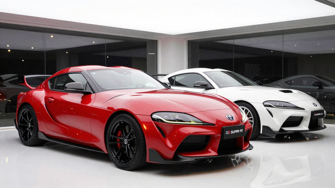 Dois carros desportivos Toyota GR Supra, um vermelho em primeiro plano e outro branco ao fundo, num showroom moderno.