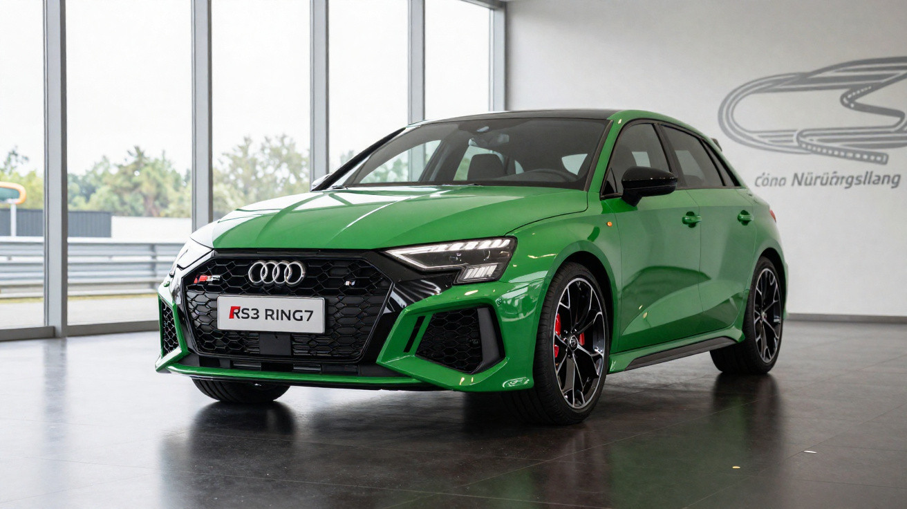 Audi RS3 verde estacionado em garagem com janelas amplas e chão cinzento.