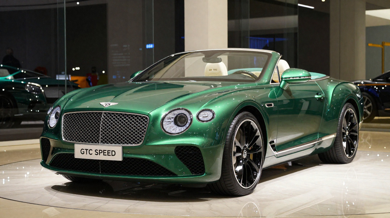 Carro desportivo conversível verde metálico Bentley GTC Speed em exposição interior.