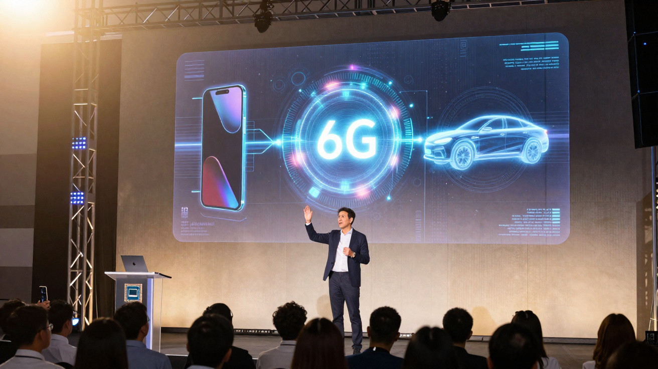 Homem apresenta tecnologia 6G para audiência com projeção de smartphone e carro na tela grande.