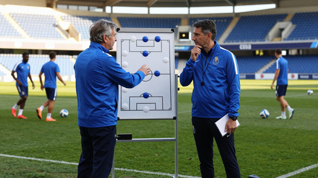 Dois treinadores de futebol discutem estratégia junto a quadro tático num campo de treino com jogadores ao fundo.