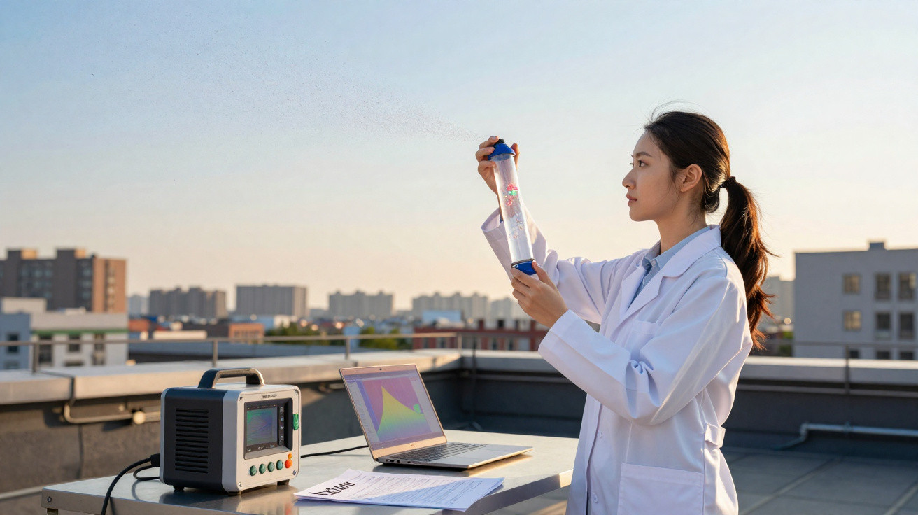 Mulher cientista de bata branca analisa tubo de ensaio numa mesa com computador e equipamento num terraço.