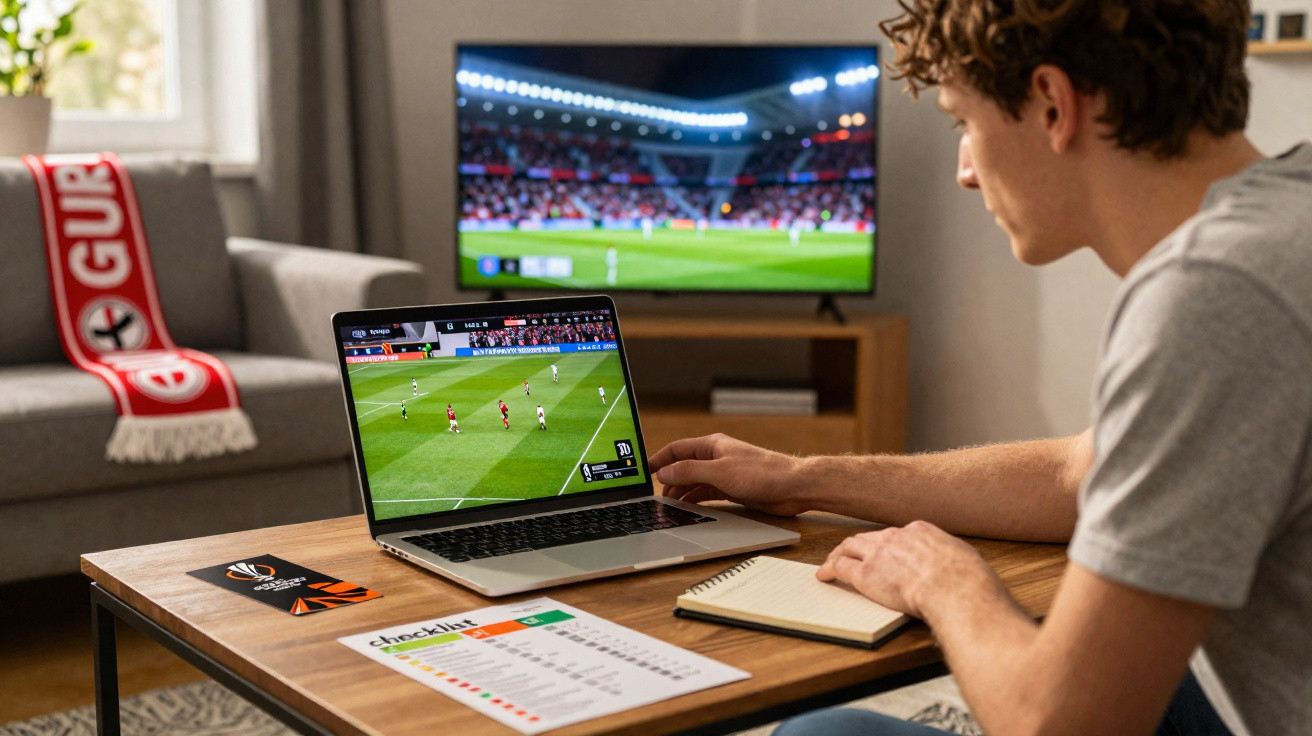 Homem sentado a ver um jogo de futebol num computador portátil, com a mesma partida na televisão ao fundo.