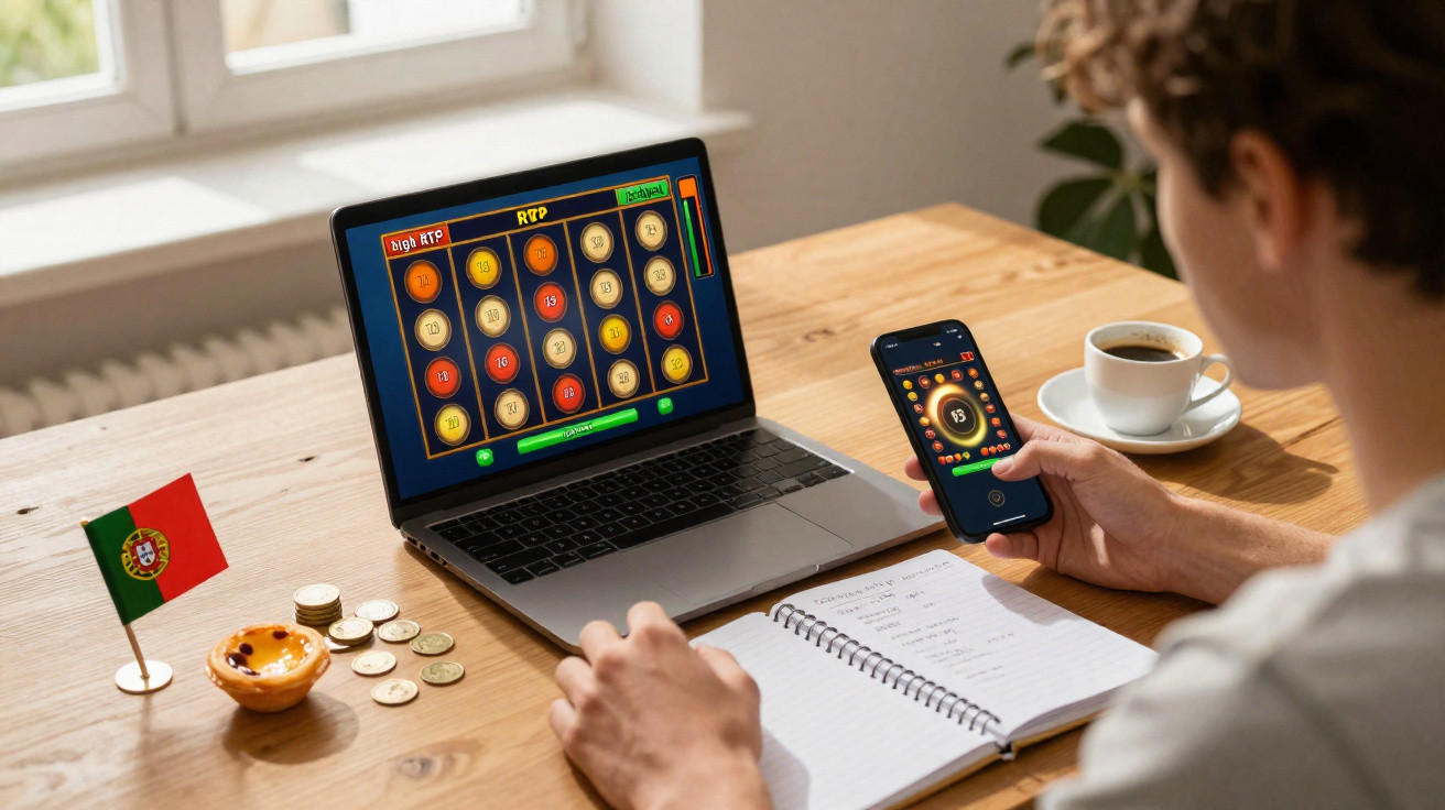 Pessoa a jogar num computador portátil e telemóvel com símbolos de moedas, bandeira de Portugal e caderno numa mesa.