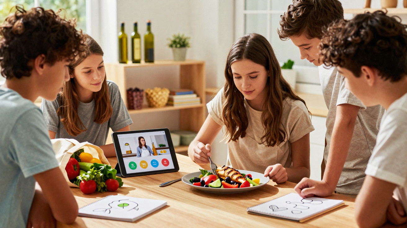 Crianças numa mesa com tablets, frutas, desenhos e comida, numa sala iluminada e acolhedora.