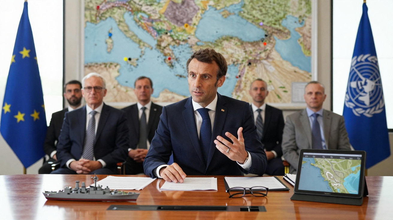 Homem de fato azul fala numa reunião com cinco homens ao fundo, com bandeiras da UE e ONU e mapas na parede.