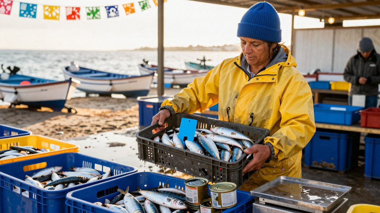 Pescadora em roupa impermeável a organizar sardinhas numa caixa num mercado junto ao mar ao pôr do sol.