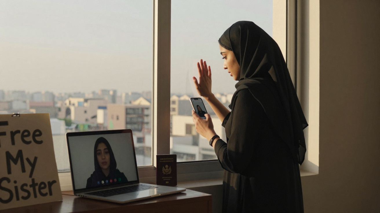 Mulher de hijab em videochamada, com cartaz "Free My Sister" e passaporte numa mesa junto a uma janela.