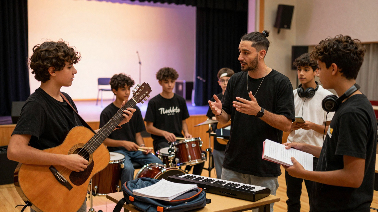 Professor de música orienta grupo de jovens músicos com guitarra, bateria e teclado em sala de aula.