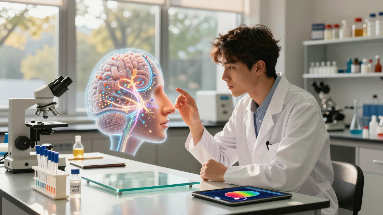Cientista em laboratório analisa imagem holográfica de cérebro humano com conexões neuronais iluminadas.