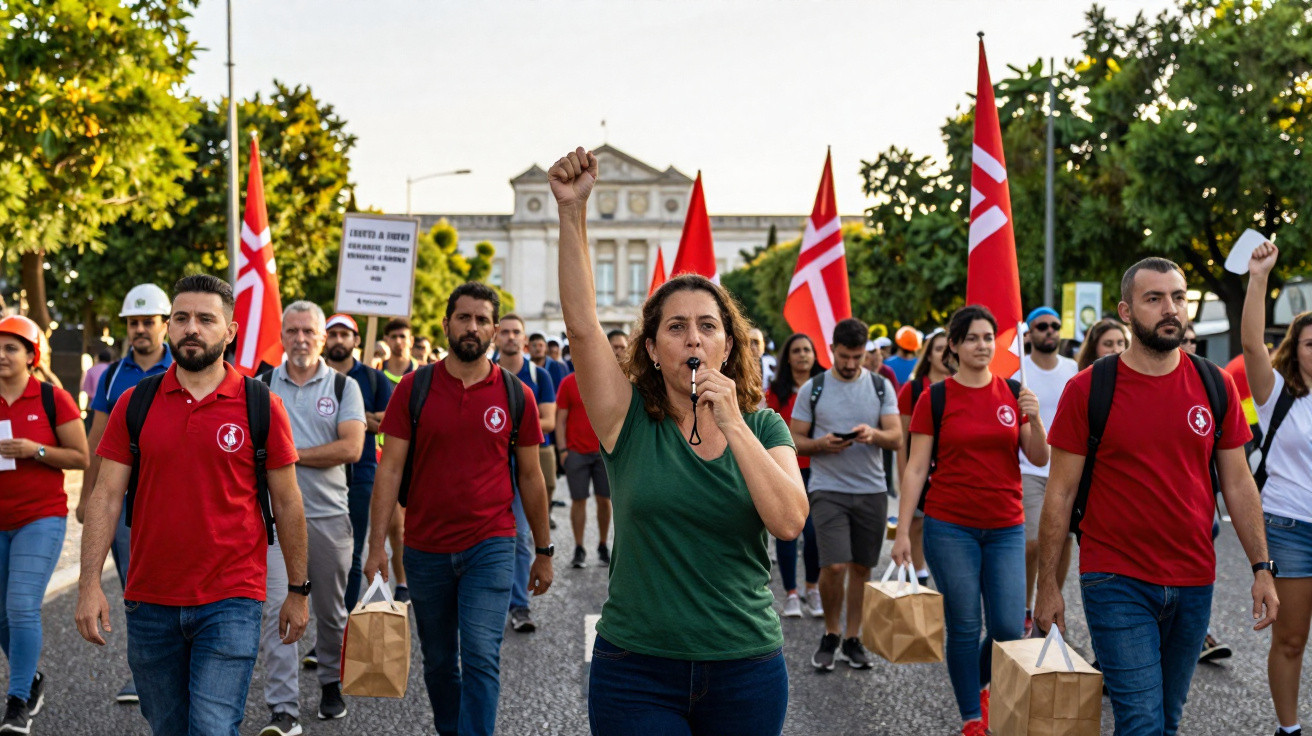 Manifestantes com bandeiras vermelhas marcham e uma mulher apita e ergue punho numa rua com árvores ao fundo.