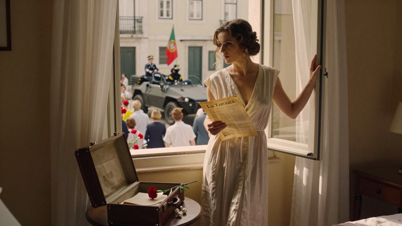 Mulher com vestido branco lendo jornal junto a janela aberta com desfile militar e bandeira de Portugal ao fundo.