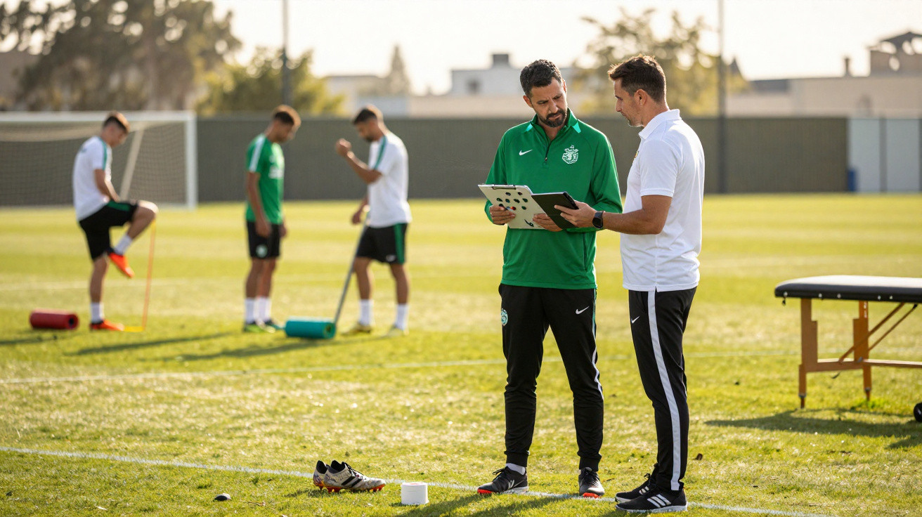 Dois técnicos analisam táticas num campo de futebol enquanto jogadores treinam ao fundo.
