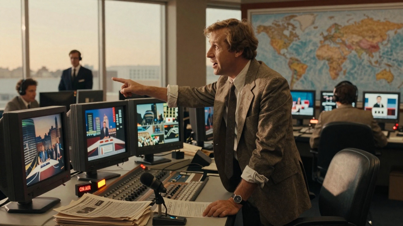 Homem de fato a apontar para monitores numa sala de controlo de emissão televisiva com mapa-mundo ao fundo.