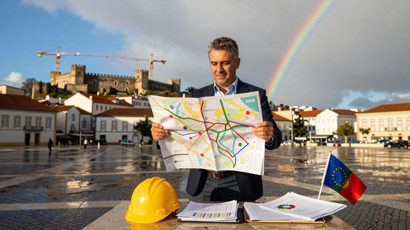 Homem com mapa urbano, capacete amarelo e bandeira em mesa, castelo e arco-íris ao fundo numa praça molhada.