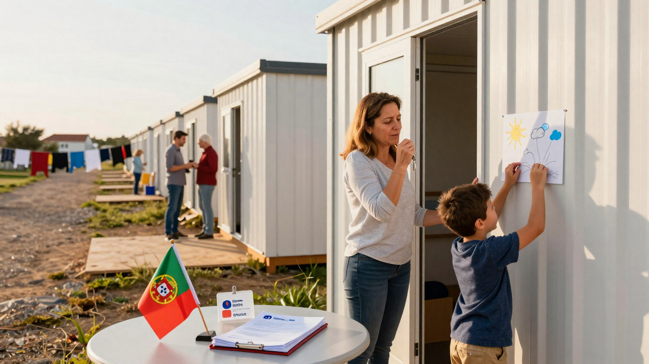 Mulher e menino junto a habitações temporárias, criança pendura desenho, bandeira de Portugal numa mesa próxima.