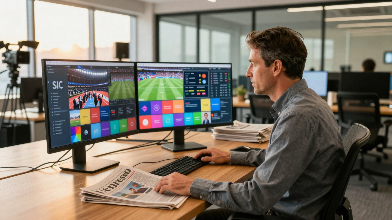 Homem a trabalhar num escritório com dois ecrãs a mostrar um jogo de futebol e uma interface digital.