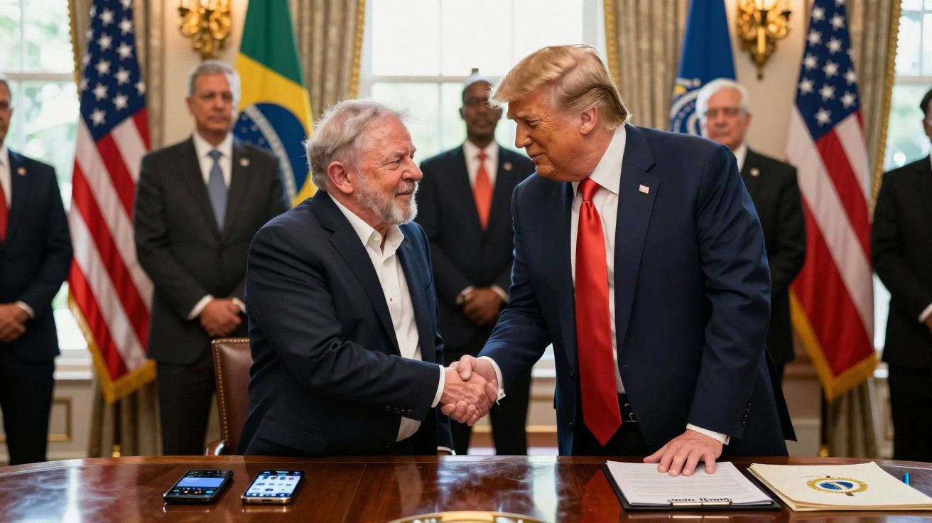 Dois homens em fatos apertam as mãos numa sala formal com bandeiras dos Estados Unidos e do Brasil ao fundo.
