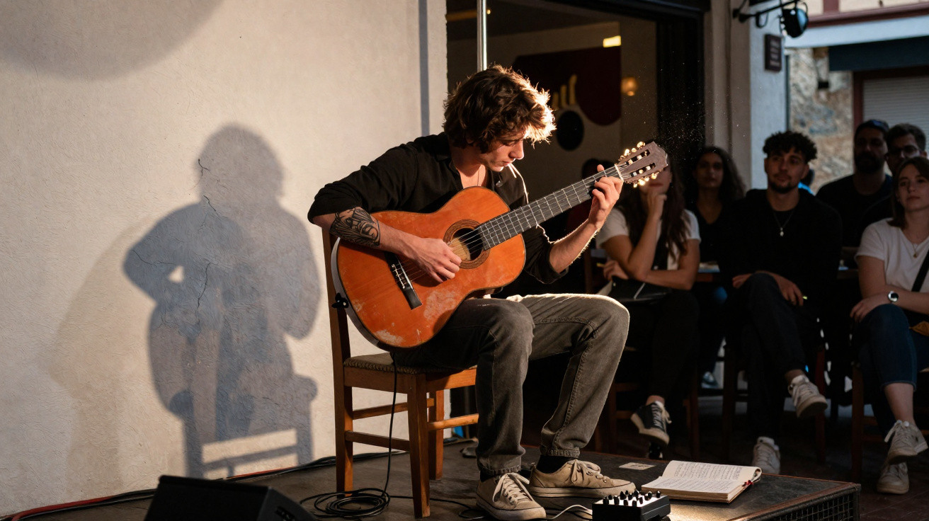 Homem jovem a tocar guitarra acústica sentado numa cadeira com público a assistir numa sala interior.