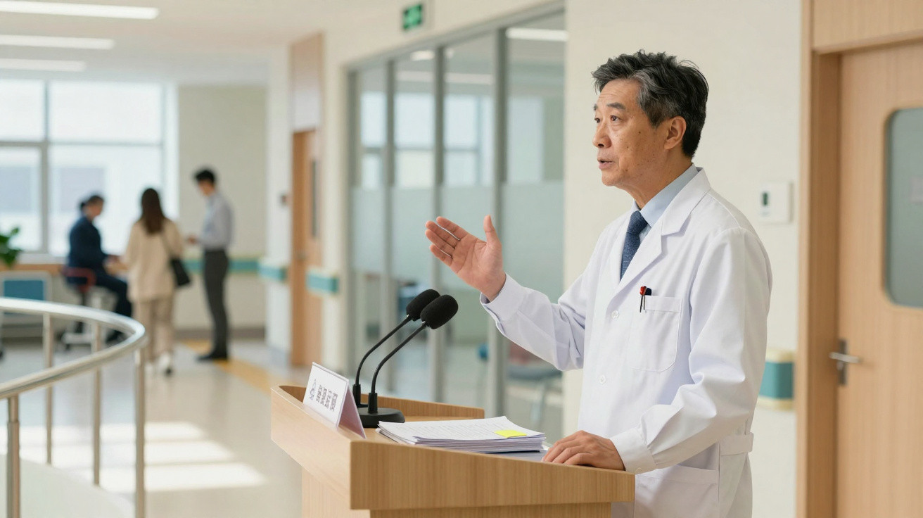 Médico a falar num púlpito num corredor de hospital, com pessoas ao fundo desfocadas.