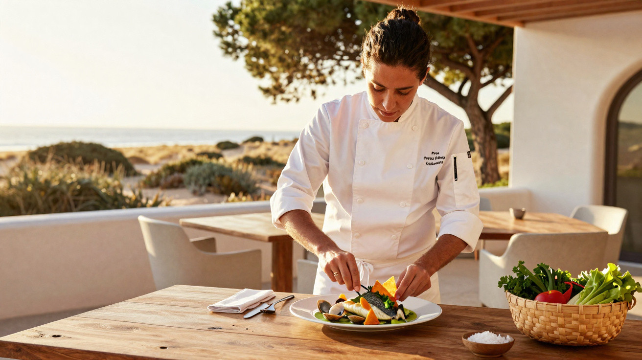 Chef feminina a decorar prato com marisco num restaurante ao ar livre com vista para o mar.