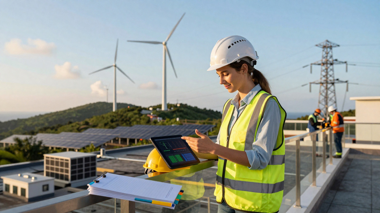 Engenheira com capacete e colete refletor em plataforma com turbinas e painéis solares ao fundo.