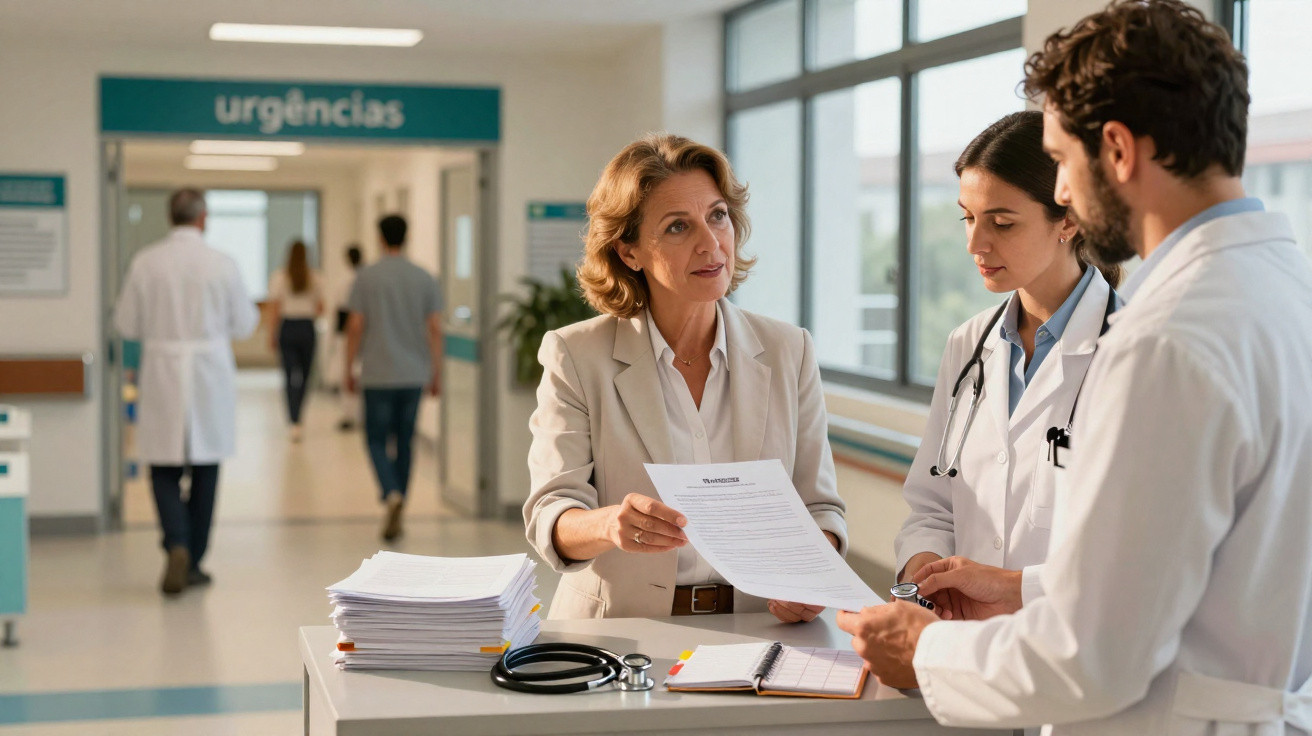 Mulher entrega documento a dois médicos junto à entrada de urgências num hospital.