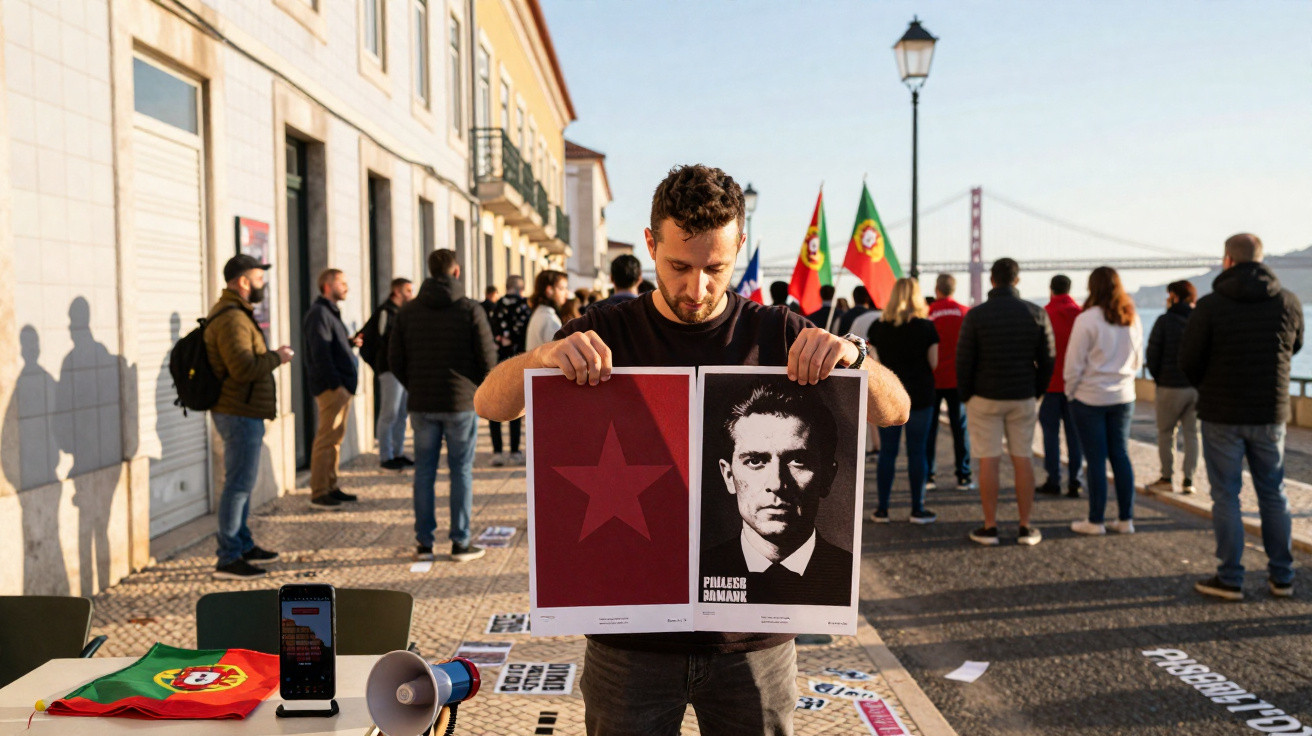 Homem segura cartazes durante protesto com bandeiras de Portugal e várias pessoas ao fundo junto ao rio.
