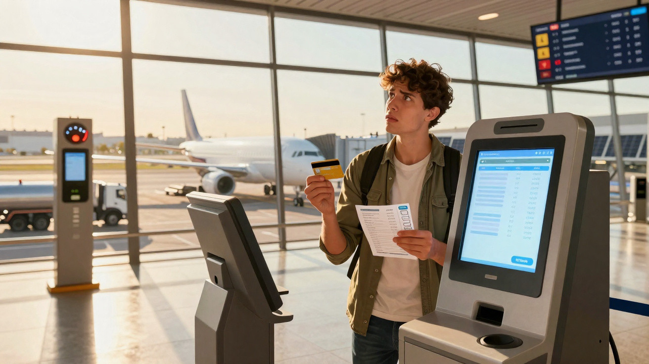 Jovem com cartão e documento faz check-in automático num aeroporto com avião ao fundo.