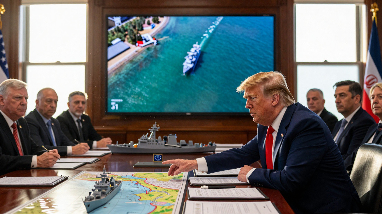 Homem de fato azul aponta para mapa com barcos em reunião formal com cinco homens à volta da mesa.